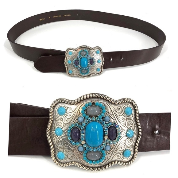 Genuine Leather Western Belt Turquoise Rhinestone Metal Buckle Size Medium - Picture 1 of 7